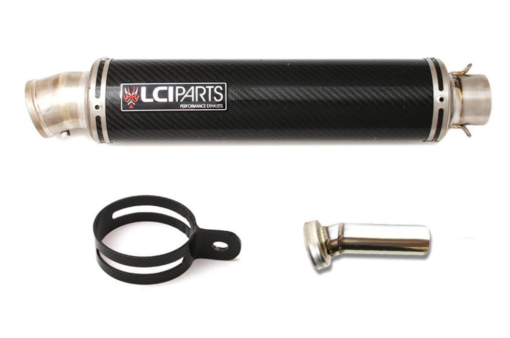 汎用 LCIPARTS ラウンドチタンカーボンマフラー カーボンサイレンサーバンド付き 差込径52.0mm