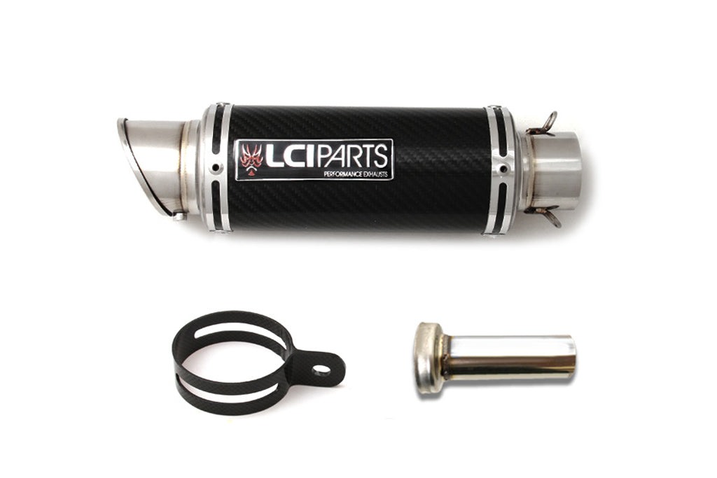 汎用 LCIPARTS ショートカーボンマフラー カーボンサイレンサーバンド付き 差込径52.0mm